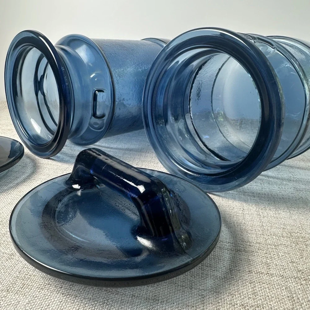 Vintage Cobalt Blue Glass Canister Set of 2 Handled Lids Kitchen Storage Jars